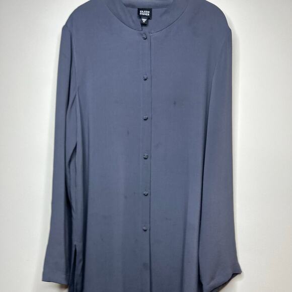 Eileen Fisher 100% Silk Gray Tunic Shirt Size M Mandarin Collar Knot Buttons - Picture 10 of 10